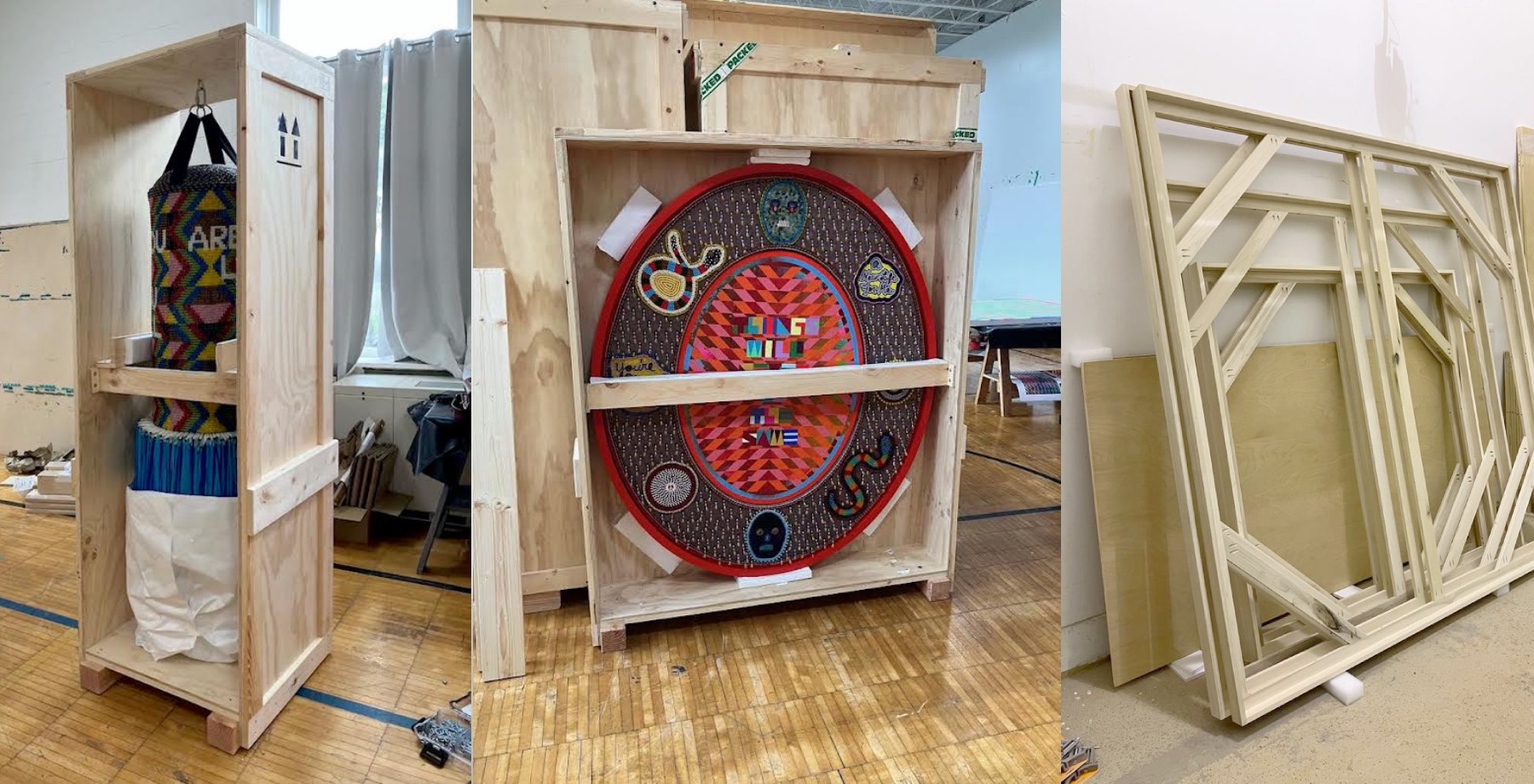 Three images showing two crates and stretcher bars made by Aconite